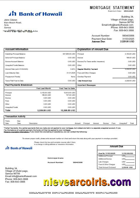 Samoa Bank of Hawaii mortgage statement